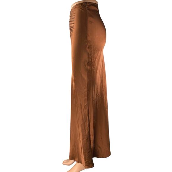 Princess Polly Jones Brown Silk Satin Ruched Slim Side Zip Maxi A-Line Skirt 2 - Picture 2 of 5